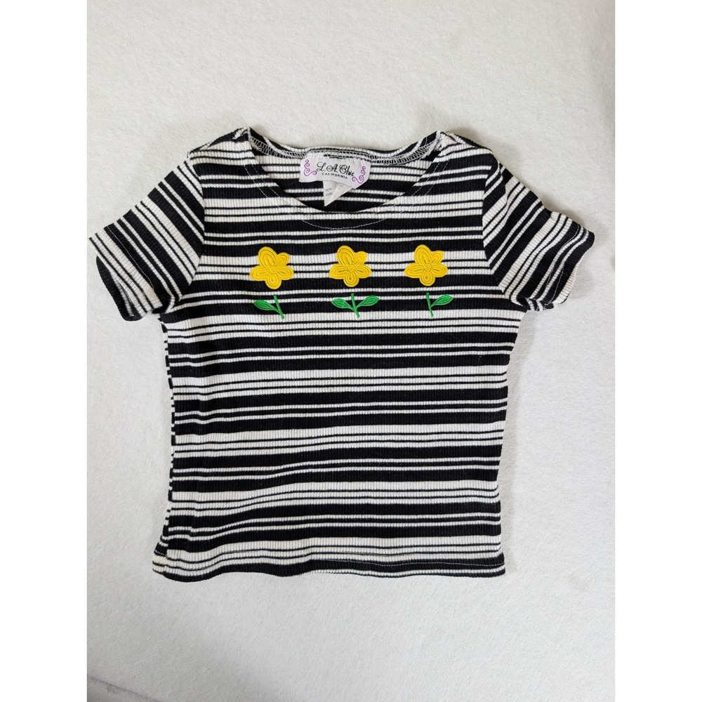 L.A. Chic California Girls Ribbed Stripe Floral Applique Tee Black White Size 6X